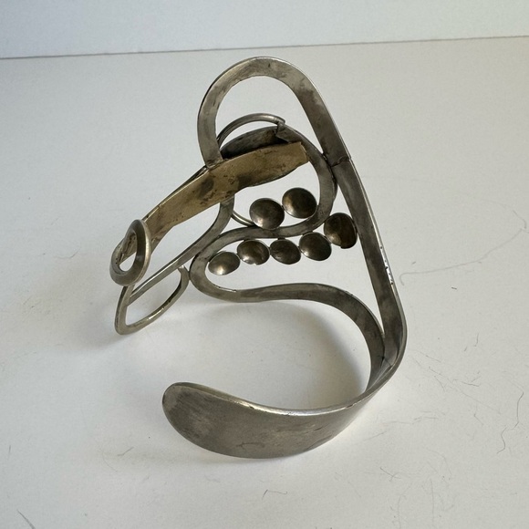 Vintage Abalone Shell Bracelet Artisan Freeform Silver Large Cuff MCM Modernist - Picture 6 of 16